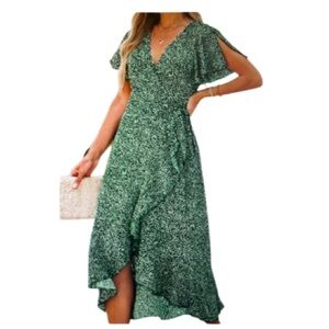 Cupshe Flared Sleeve Green and White Speckled Wrap Dress XL NWT